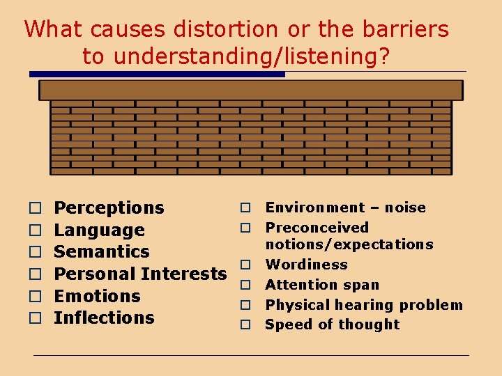 What causes distortion or the barriers to understanding/listening? o o o Perceptions Language Semantics