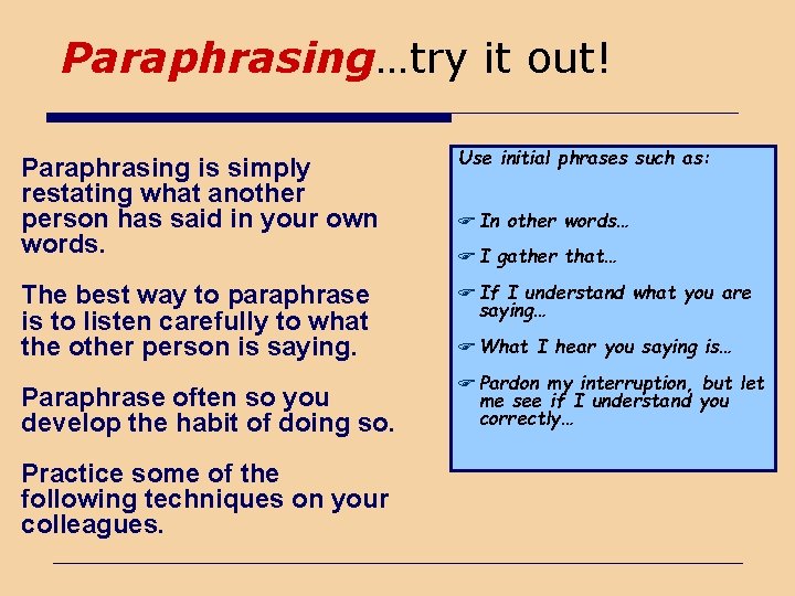 Paraphrasing…try it out! Paraphrasing is simply restating what another person has said in your
