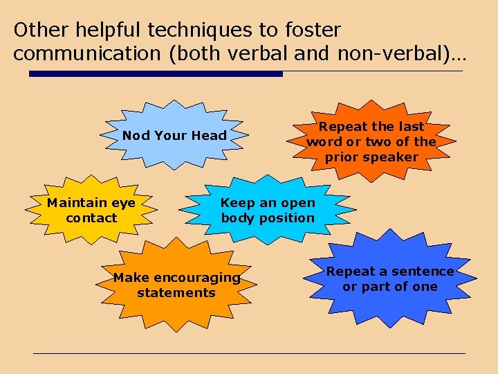 Other helpful techniques to foster communication (both verbal and non-verbal)… Nod Your Head Maintain