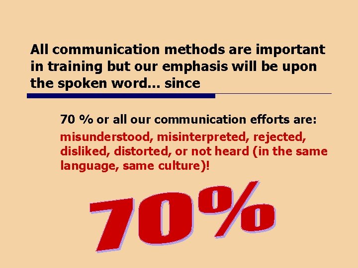 All communication methods are important in training but our emphasis will be upon the