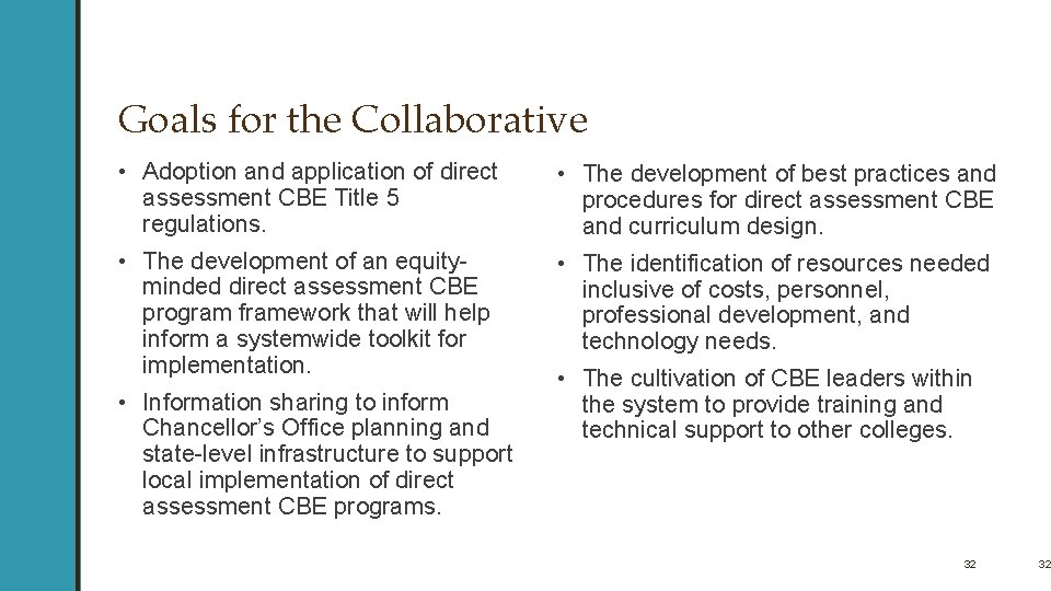 Goals for the Collaborative • Adoption and application of direct assessment CBE Title 5