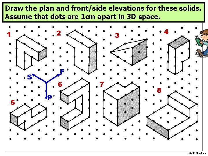 Draw the plan and front/side elevations for these solids. Assume that dots are 1