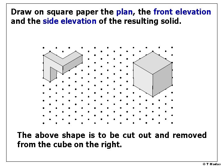 Draw on square paper the plan, the front elevation and the side elevation of