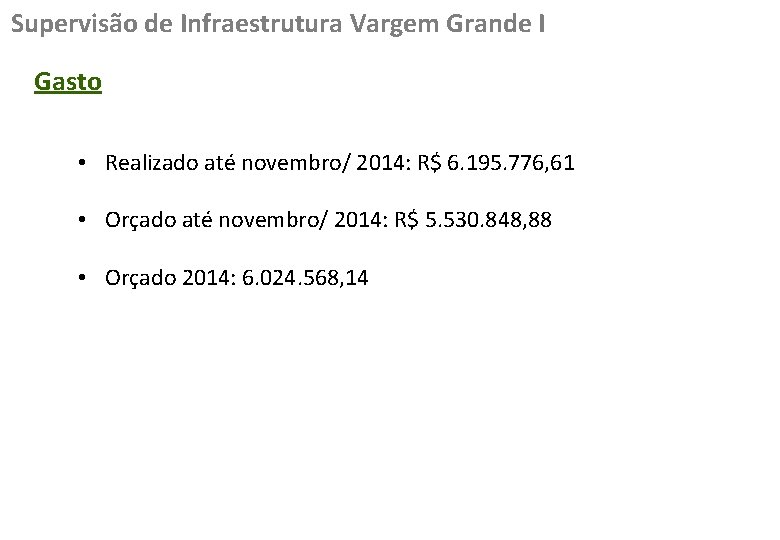 Supervisão de Infraestrutura Vargem Grande I Gasto • Realizado até novembro/ 2014: R$ 6.