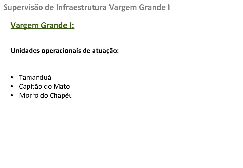 Supervisão de Infraestrutura Vargem Grande I: Unidades operacionais de atuação: • Tamanduá • Capitão