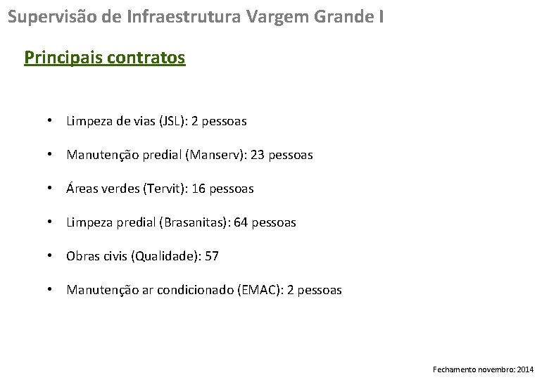 Supervisão de Infraestrutura Vargem Grande I Principais contratos • Limpeza de vias (JSL): 2