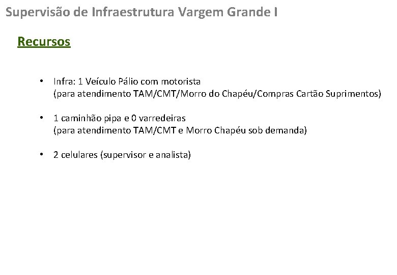 Supervisão de Infraestrutura Vargem Grande I Recursos • Infra: 1 Veículo Pálio com motorista