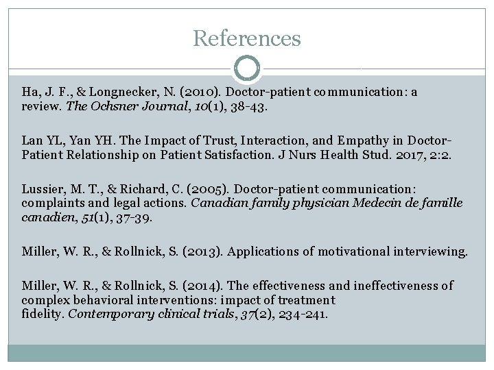 References Ha, J. F. , & Longnecker, N. (2010). Doctor-patient communication: a review. The
