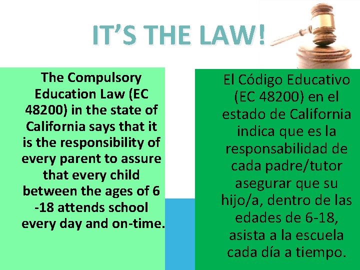IT’S THE LAW! The Compulsory Education Law (EC 48200) in the state of California