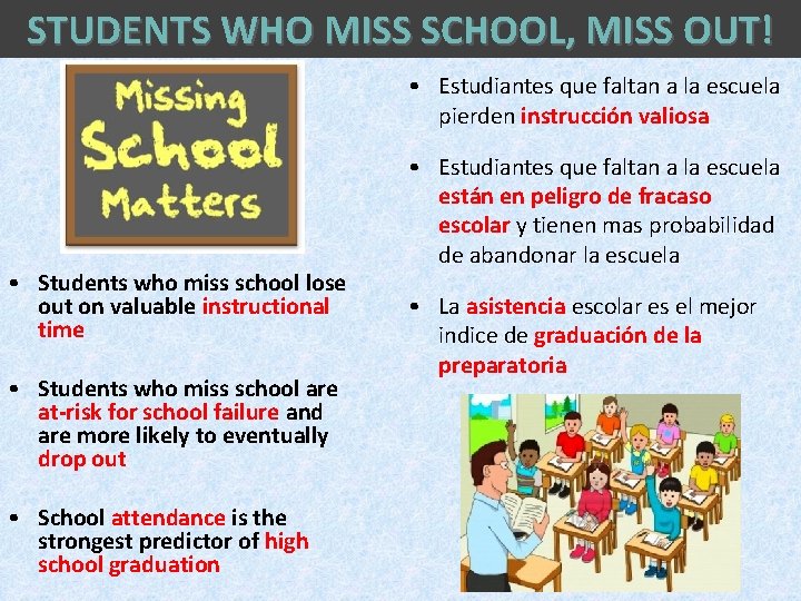 STUDENTS WHO MISS SCHOOL, MISS OUT! • Estudiantes que faltan a la escuela pierden