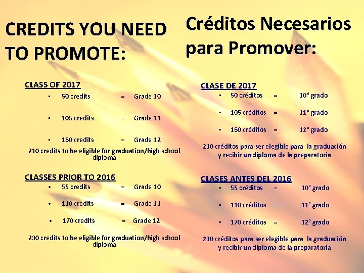 CREDITS YOU NEED TO PROMOTE: CLASS OF 2017 CLASE DE 2017 • 50 credits