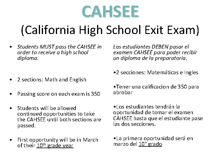 CAHSEE (California High School Exit Exam) • Students MUST pass the CAHSEE in order