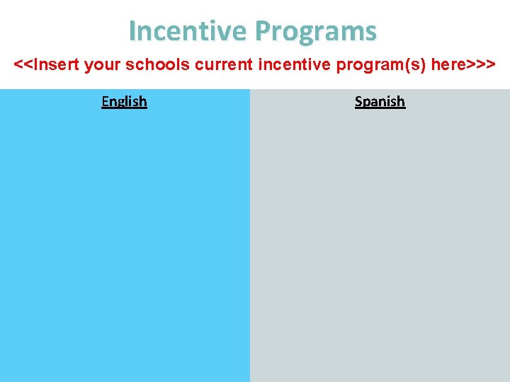 Incentive Programs <<Insert your schools current incentive program(s) here>>> English Spanish 