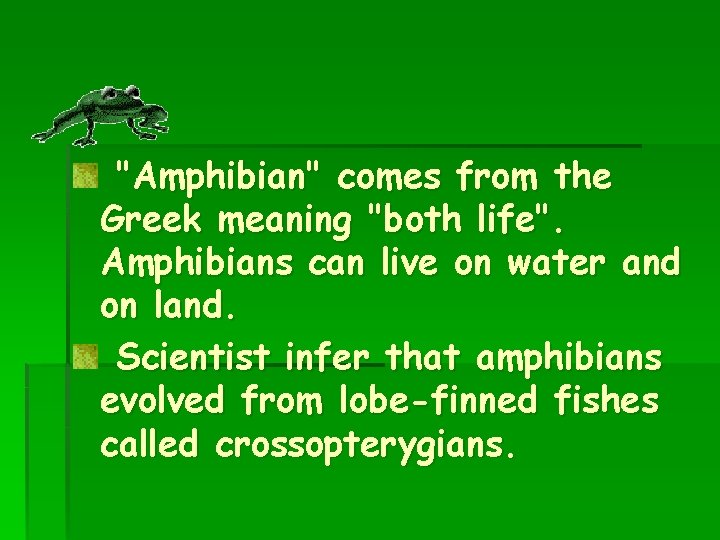 "Amphibian" comes from the Greek meaning "both life". Amphibians can live on water and