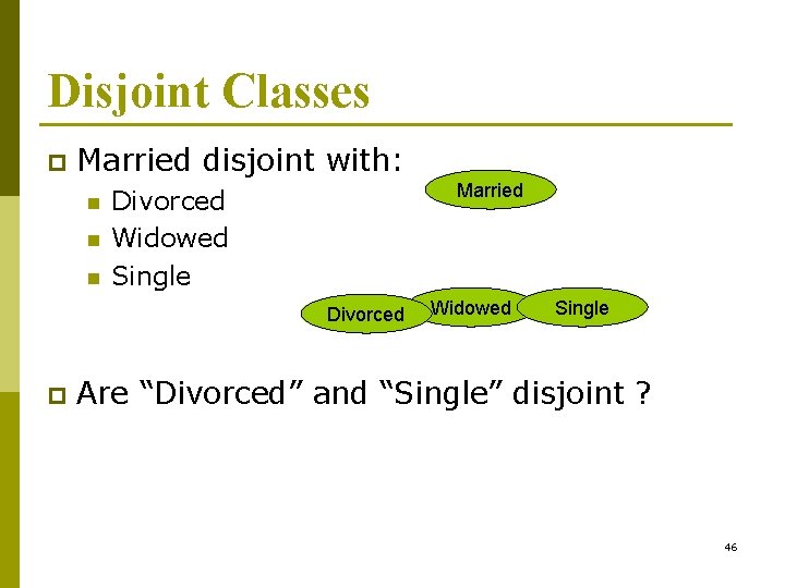 Disjoint Classes p Married disjoint with: n n n Married Divorced Widowed Single Divorced