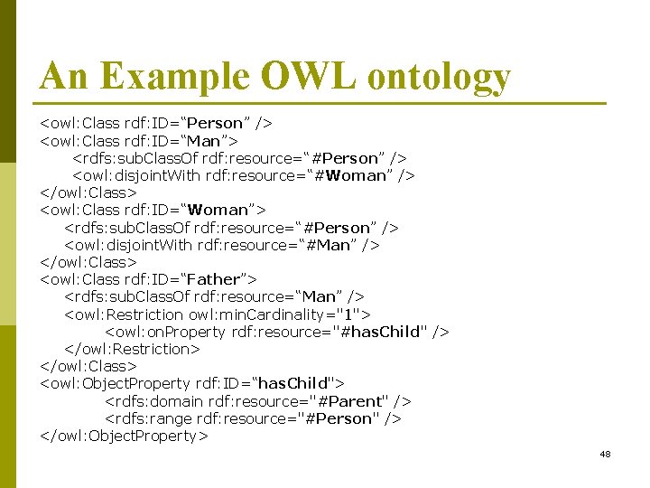 An Example OWL ontology <owl: Class rdf: ID=“Person” /> <owl: Class rdf: ID=“Man”> <rdfs: