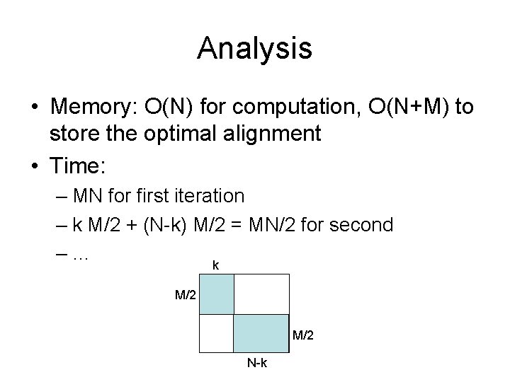 Analysis • Memory: O(N) for computation, O(N+M) to store the optimal alignment • Time: