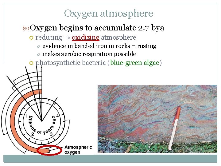 Oxygen atmosphere Oxygen begins to accumulate 2. 7 bya reducing oxidizing atmosphere evidence in