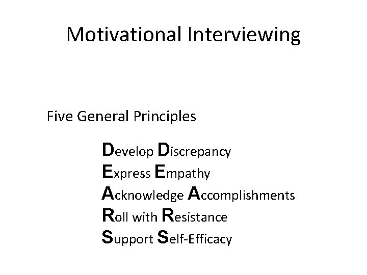 Motivational Interviewing Five General Principles Develop Discrepancy Express Empathy Acknowledge Accomplishments Roll with Resistance