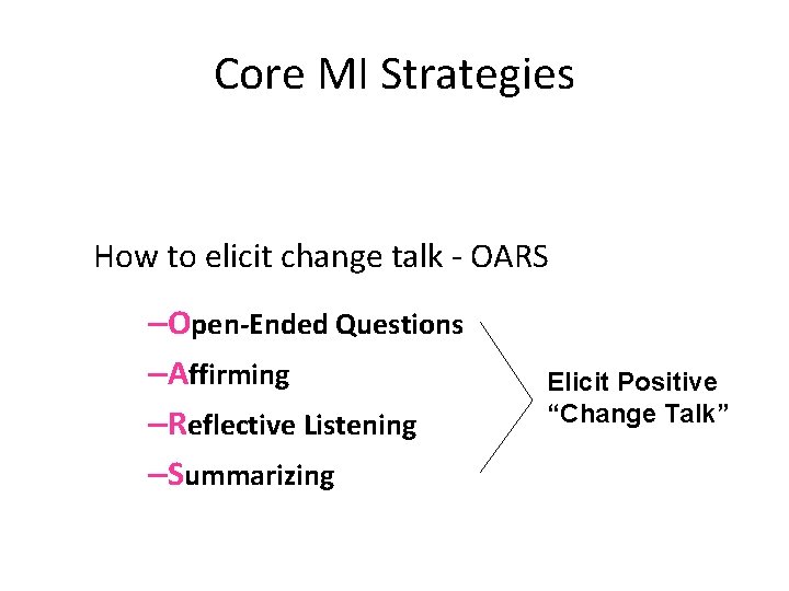 Core MI Strategies How to elicit change talk - OARS –Open-Ended Questions –Affirming –Reflective