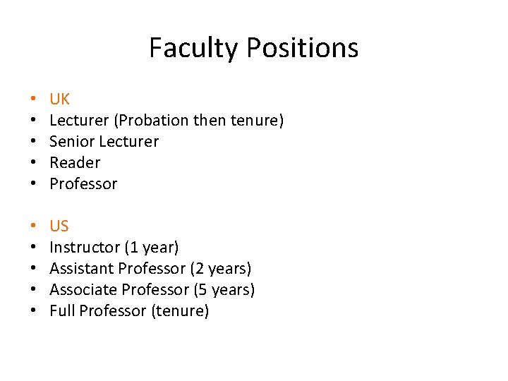 Faculty Positions • • • UK Lecturer (Probation then tenure) Senior Lecturer Reader Professor