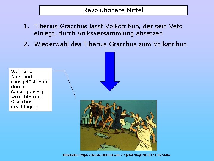 Revolutionäre Mittel 1. Tiberius Gracchus lässt Volkstribun, der sein Veto einlegt, durch Volksversammlung absetzen