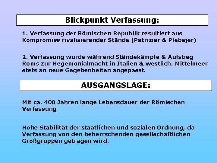 Blickpunkt Verfassung: 1. Verfassung der Römischen Republik resultiert aus Kompromiss rivalisierender Stände (Patrizier &