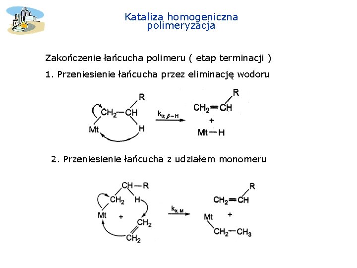 Kataliza homogeniczna polimeryzacja Zakończenie łańcucha polimeru ( etap terminacji ) 1. Przeniesienie łańcucha przez