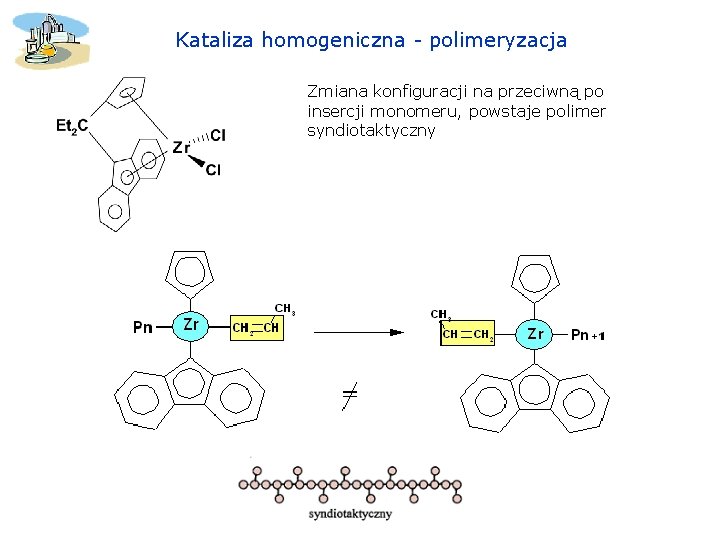 Kataliza homogeniczna - polimeryzacja Zmiana konfiguracji na przeciwną po insercji monomeru, powstaje polimer syndiotaktyczny