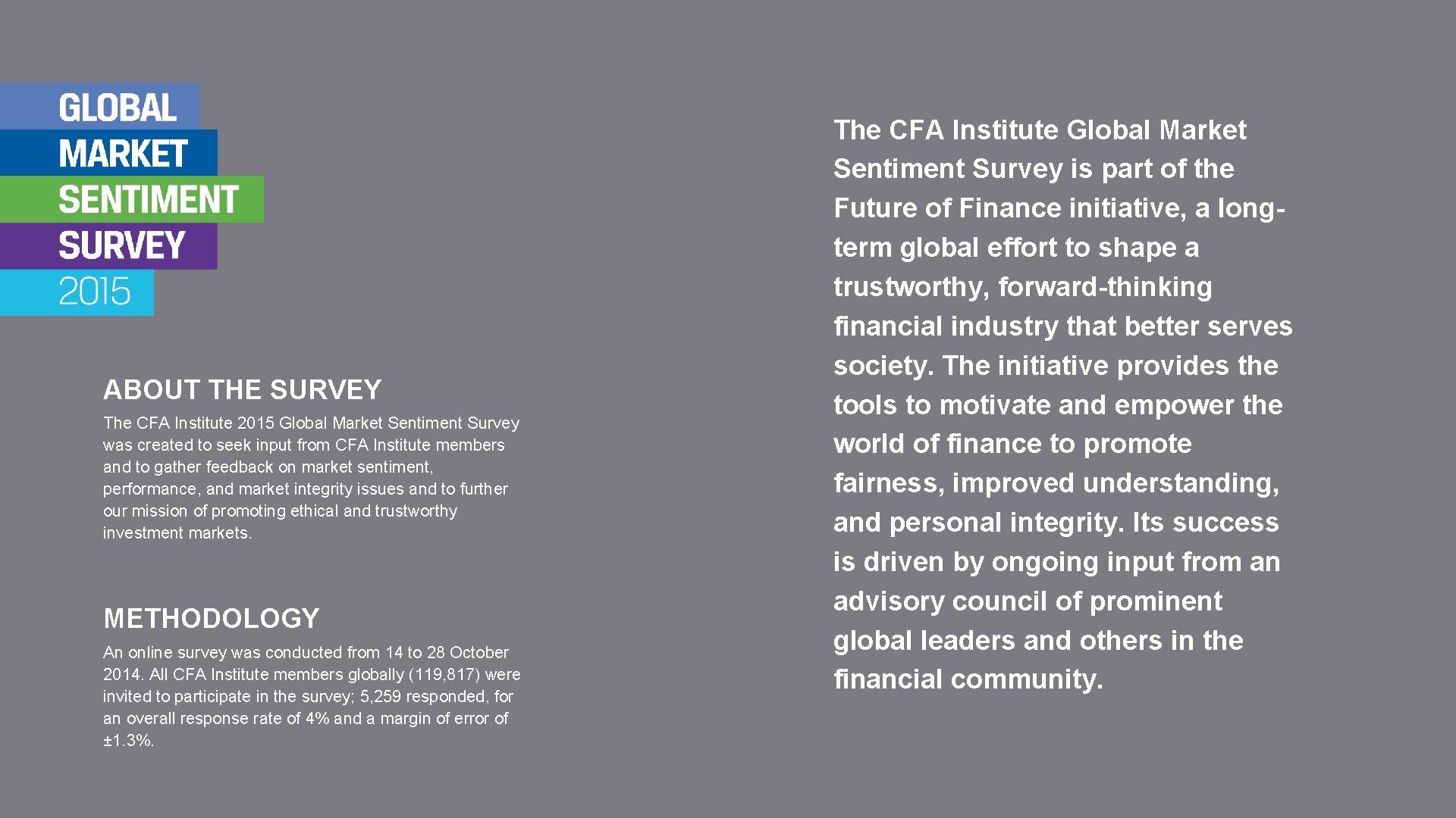 ABOUT THE SURVEY The CFA Institute 2015 Global Market Sentiment Survey was created to