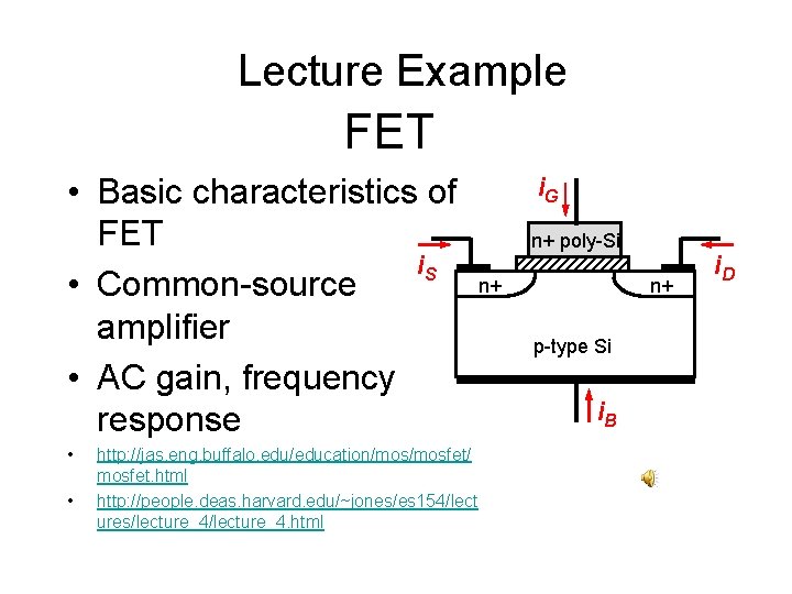 Lecture Example FET • Basic characteristics of FET i. S • Common-source amplifier •