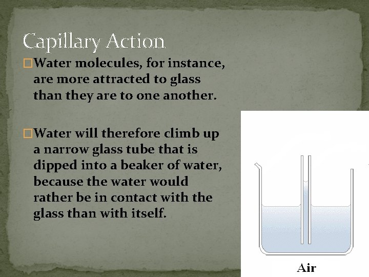 Capillary Action �Water molecules, for instance, are more attracted to glass than they are