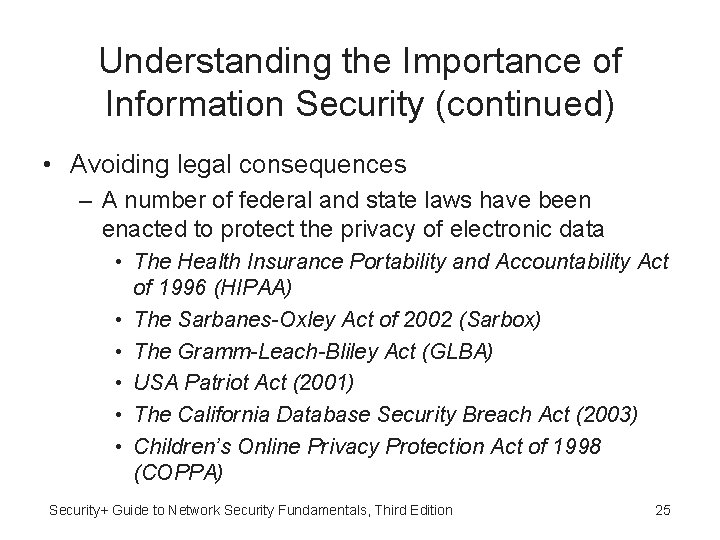 Understanding the Importance of Information Security (continued) • Avoiding legal consequences – A number