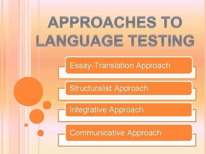 APPROACHES TO LANGUAGE TESTING Essay-Translation Approach Structuralist Approach Integrative Approach Communicative Approach 