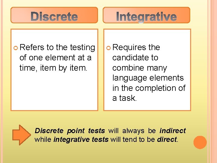  Refers to the testing of one element at a time, item by item.