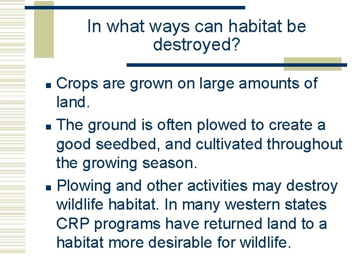 In what ways can habitat be destroyed? Crops are grown on large amounts of In what ways can habitat be destroyed? Crops are grown on large amounts of