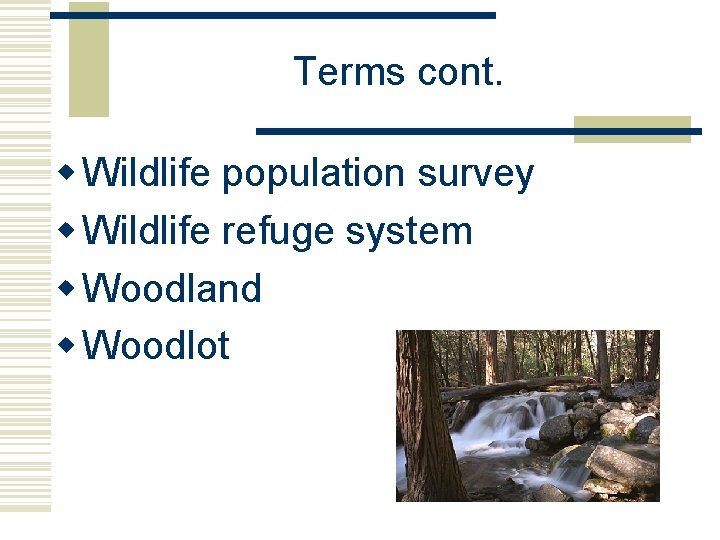 Terms cont. w Wildlife population survey w Wildlife refuge system w Woodland w Woodlot