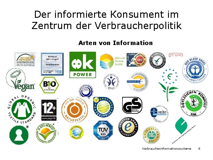Der informierte Konsument im Zentrum der Verbraucherpolitik Arten von Information Verbraucherinformationssysteme 8 