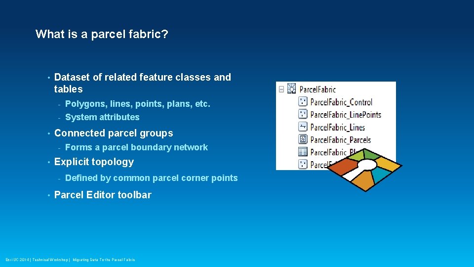 What is a parcel fabric? • • Dataset of related feature classes and tables