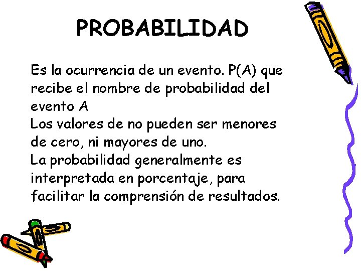 PROBABILIDAD Es la ocurrencia de un evento. P(A) que recibe el nombre de probabilidad