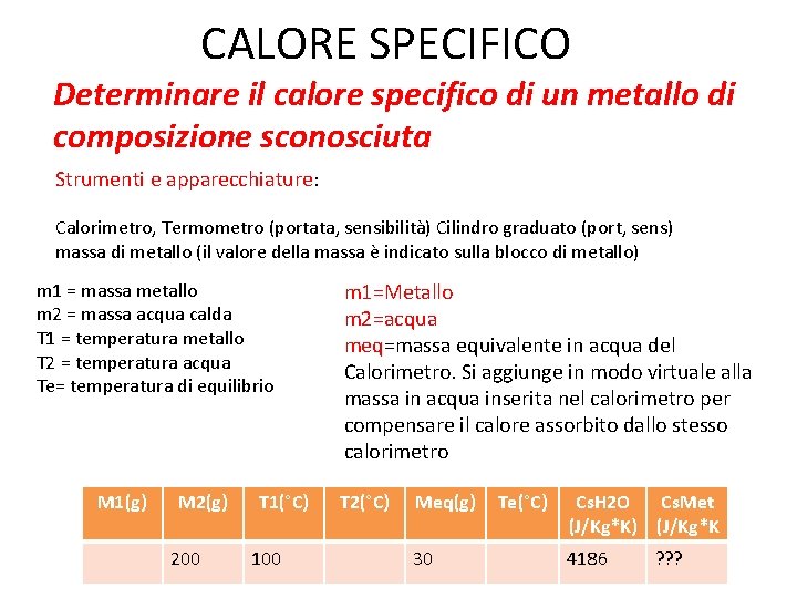 CALORE SPECIFICO Determinare il calore specifico di un metallo di composizione sconosciuta Strumenti e