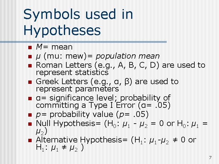 Symbols used in Hypotheses n n n n M= mean µ (mu: mew)= population