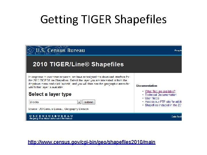 Getting TIGER Shapefiles http: //www. census. gov/cgi-bin/geo/shapefiles 2010/main 