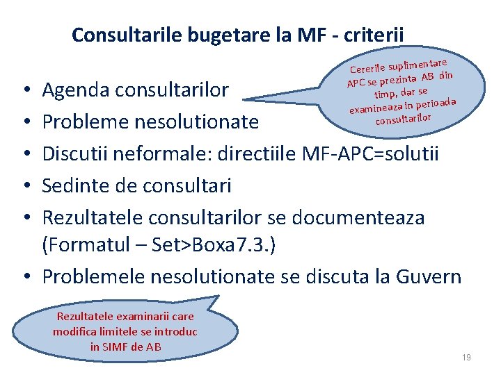 Consultarile bugetare la MF - criterii entare Cererile suplim AB din APC se prezinta