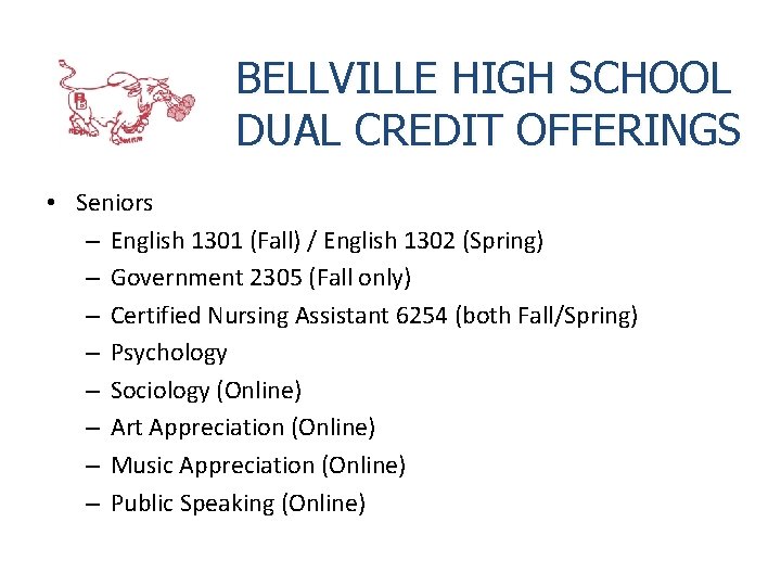 BELLVILLE HIGH SCHOOL DUAL CREDIT OFFERINGS • Seniors – English 1301 (Fall) / English