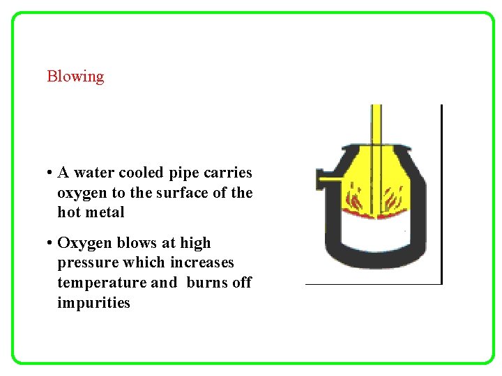 Blowing • A water cooled pipe carries oxygen to the surface of the hot