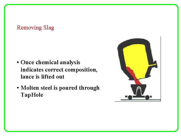 Removing Slag • Once chemical analysis indicates correct composition, lance is lifted out •