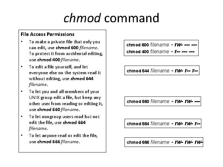 chmod command File Access Permissions • • • To make a private file that