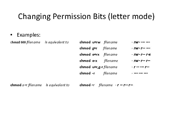 Changing Permission Bits (letter mode) • Examples: chmod 600 filename is equivalent to chmod