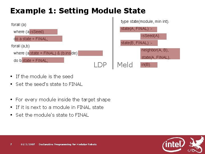 Example 1: Setting Module State type state(module, min int). forall (a) state(A, FINAL) :